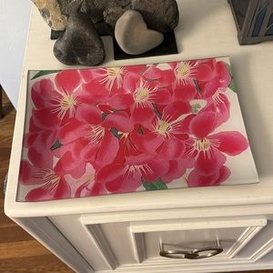 Pink decorative floral glass decor tray 12x8